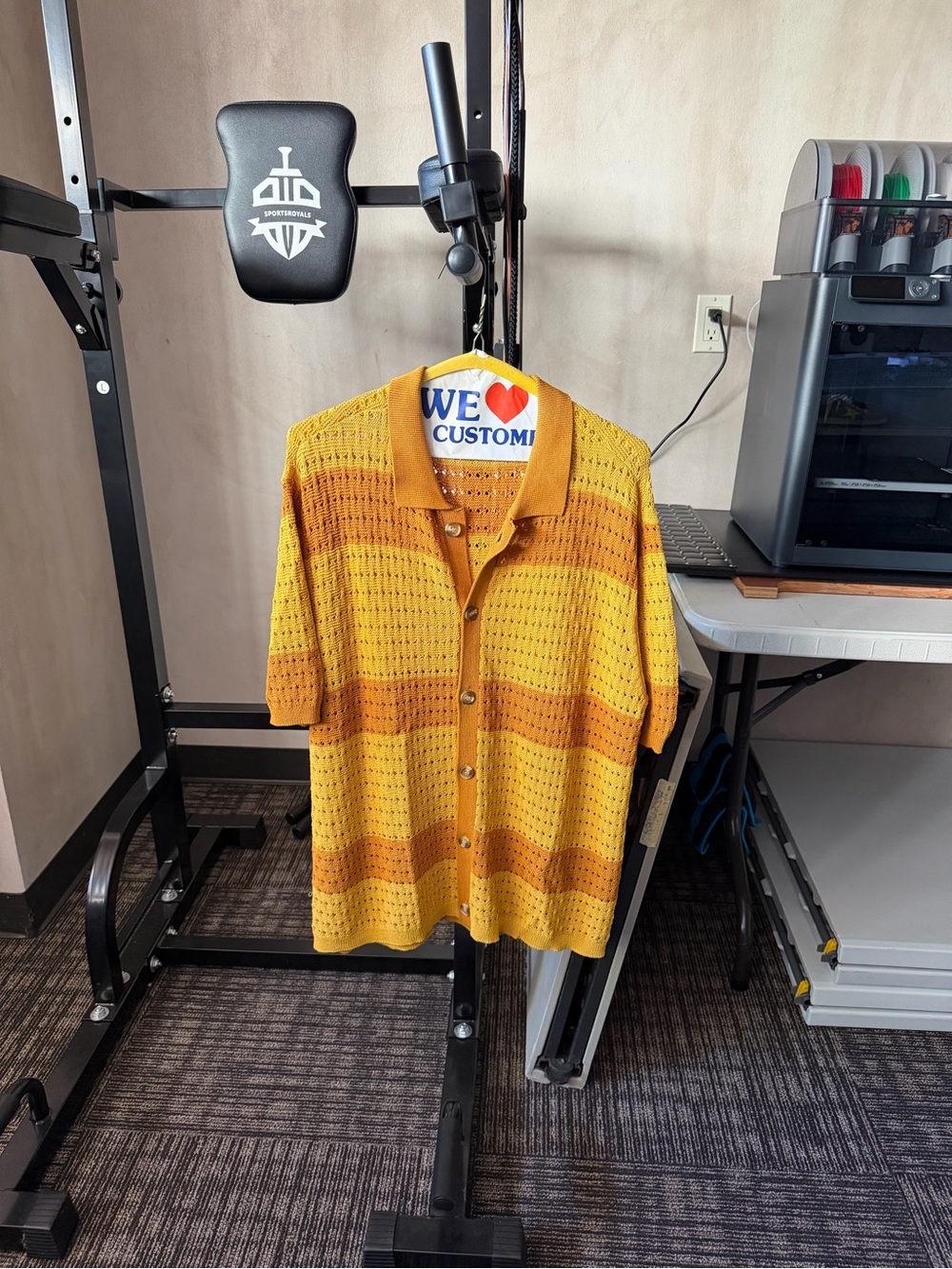 Topman Men’s Medium Mustard Orange Striped Crochet Knit Button-Through Polo